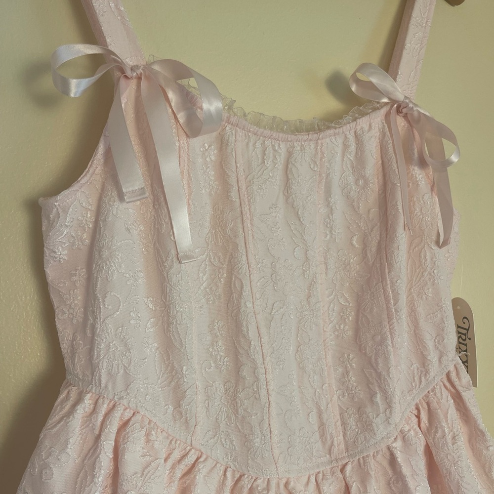 Pink Lace Corset Dress Bow Straps Tiered Mini XL Coquette Balletcore Barbiecore - Picture 9 of 14